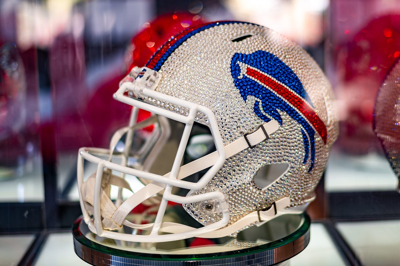 A ‘bedazzled’ Buffalo Bills helmet is put on display. (Photo by Erik Drost licensed under C.C. by 2.0)