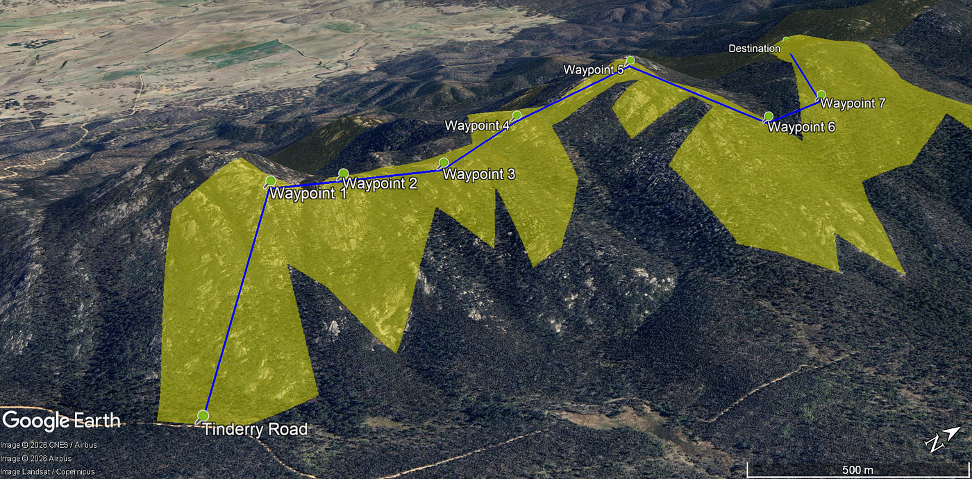 Tentative route, waypoints and intended area of travel viewed in Google Earth