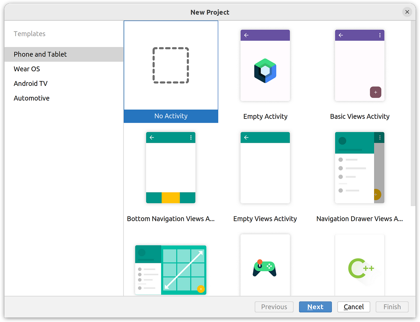 Android Studio ‘new project’ screen showing No Activity selected