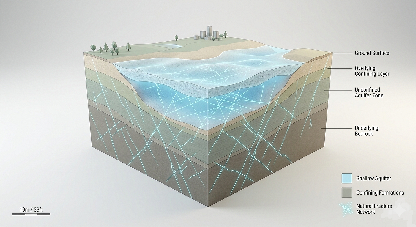 A conceptual 3D model showing a shallow aquifer, overlying formations, and a network of natural fractures.
