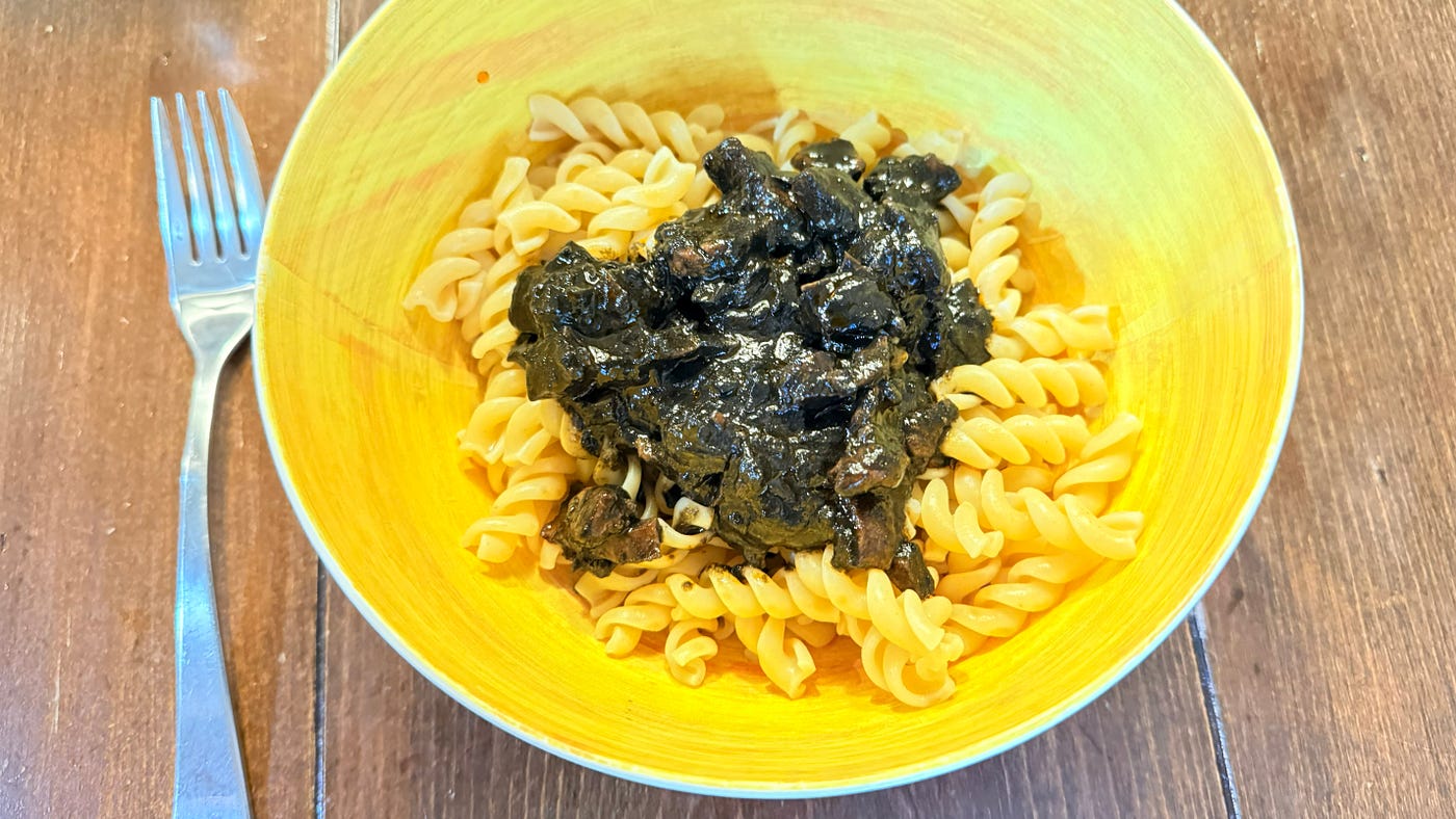 Frozone Slush; Squid Ink Pasta