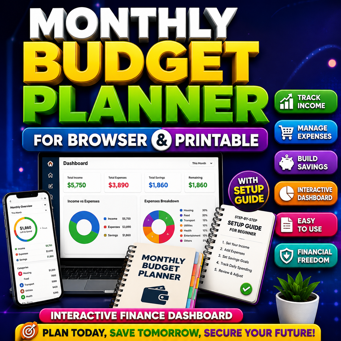 Monthly Budget Planner for Browser & Printable | Track Income, Expenses, Savings | Interactive…