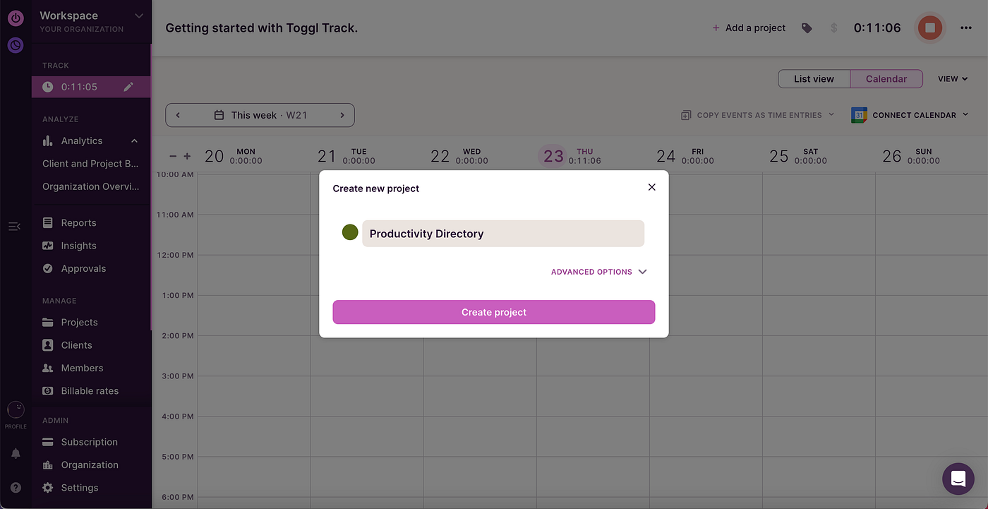 Create Project in Toggl Track