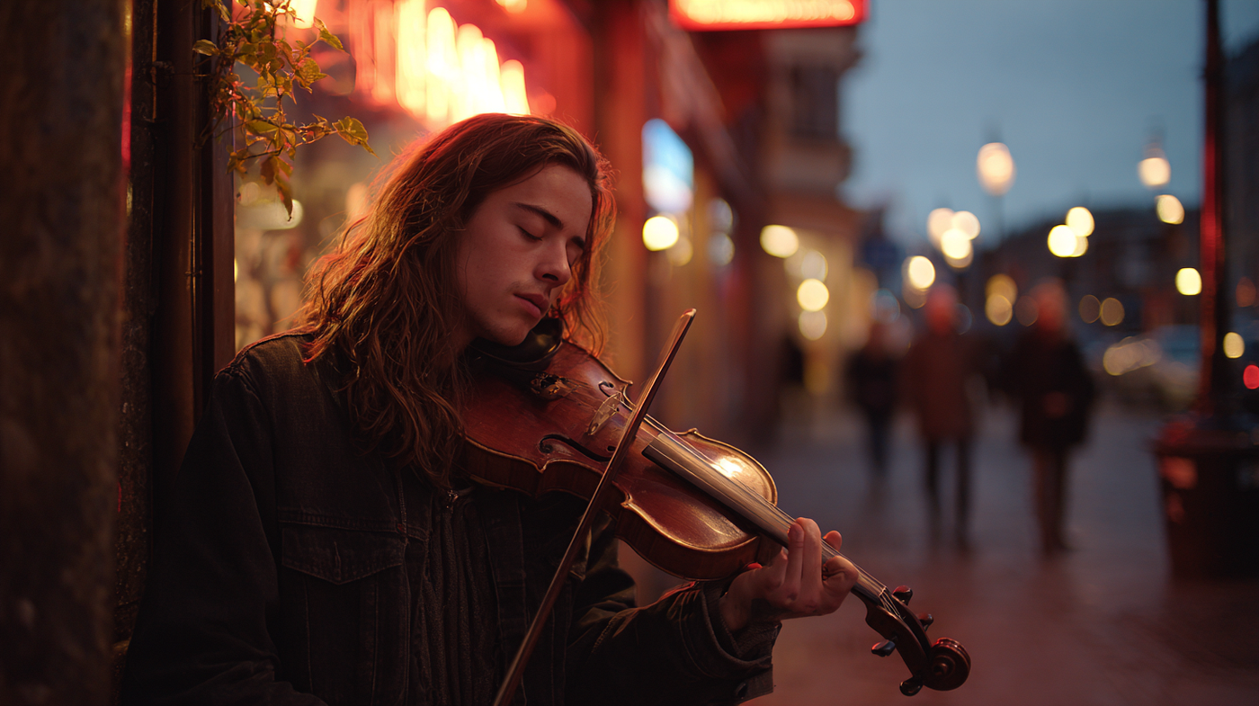 Realistic photograph, medium shot of a young adult violinist playing passionately. Street corner at dusk, cobblestone pavement, neon cafe sign flickering, blurred pedestrians passing, trash bin near lamp post. Foreground: violinist; Midground: pedestrians & neon sign; Background: street & buildings. — ar 16:9 — raw — stylize 150