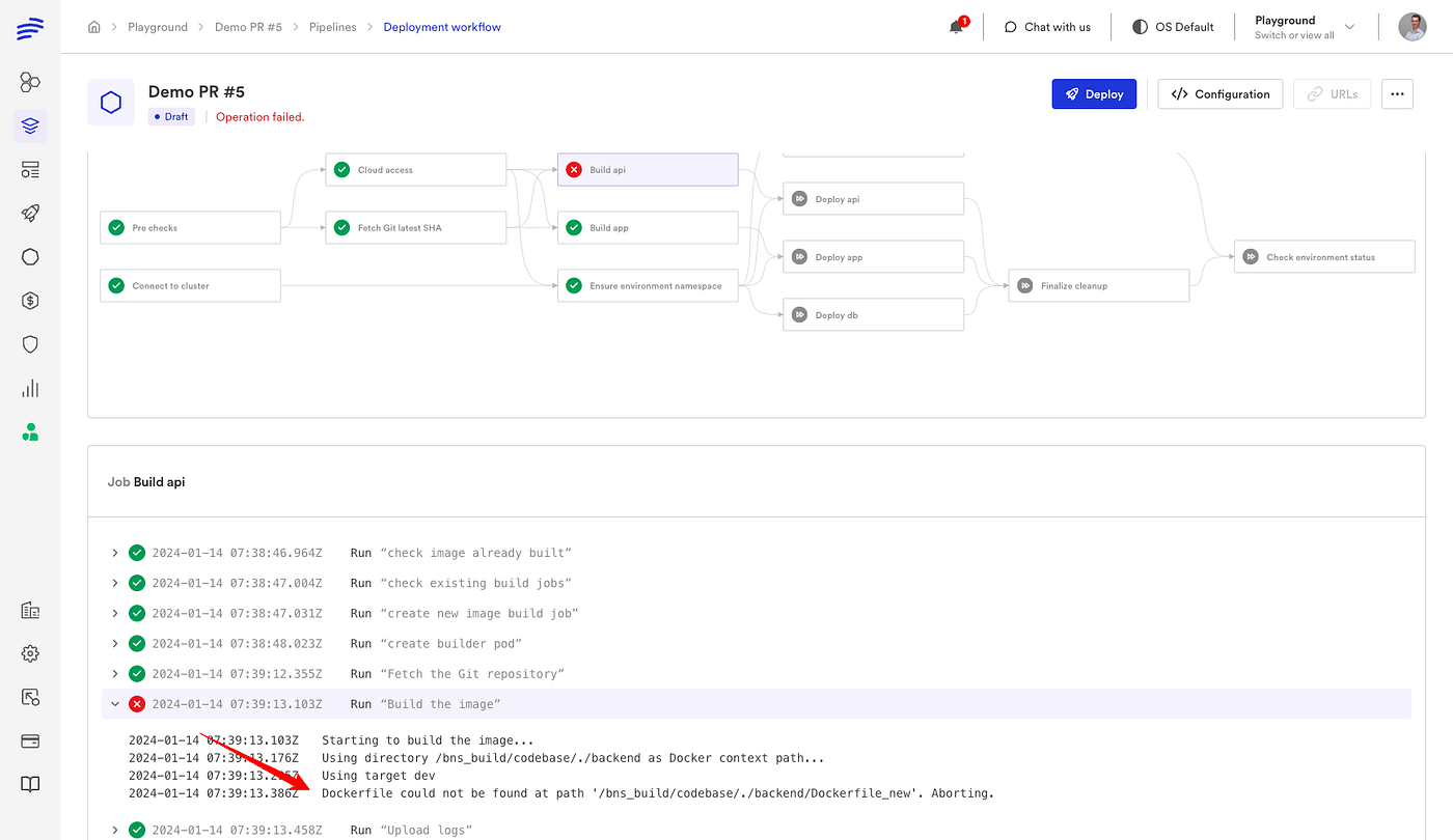 Bunnyshell deployment logs — failed deployment