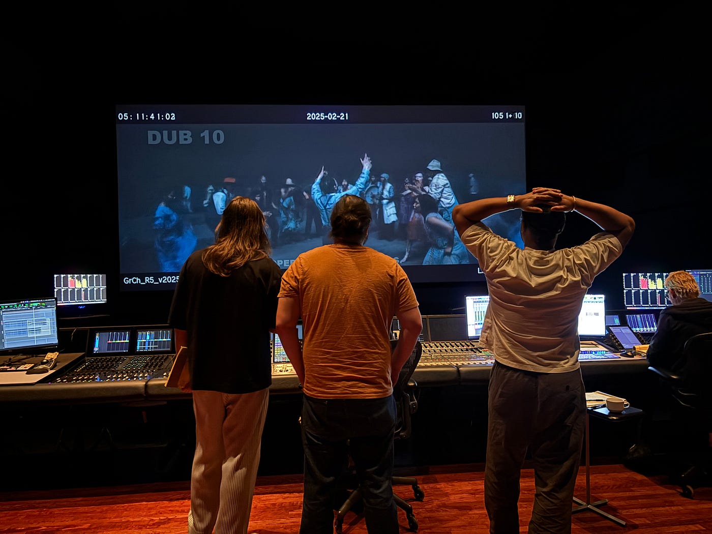 Ludwig Göransson, Felipe Pacheco, Ryan Coogler, and Steve Boeddeker on the mix stage (Courtesy of Benjamin A. Burtt).