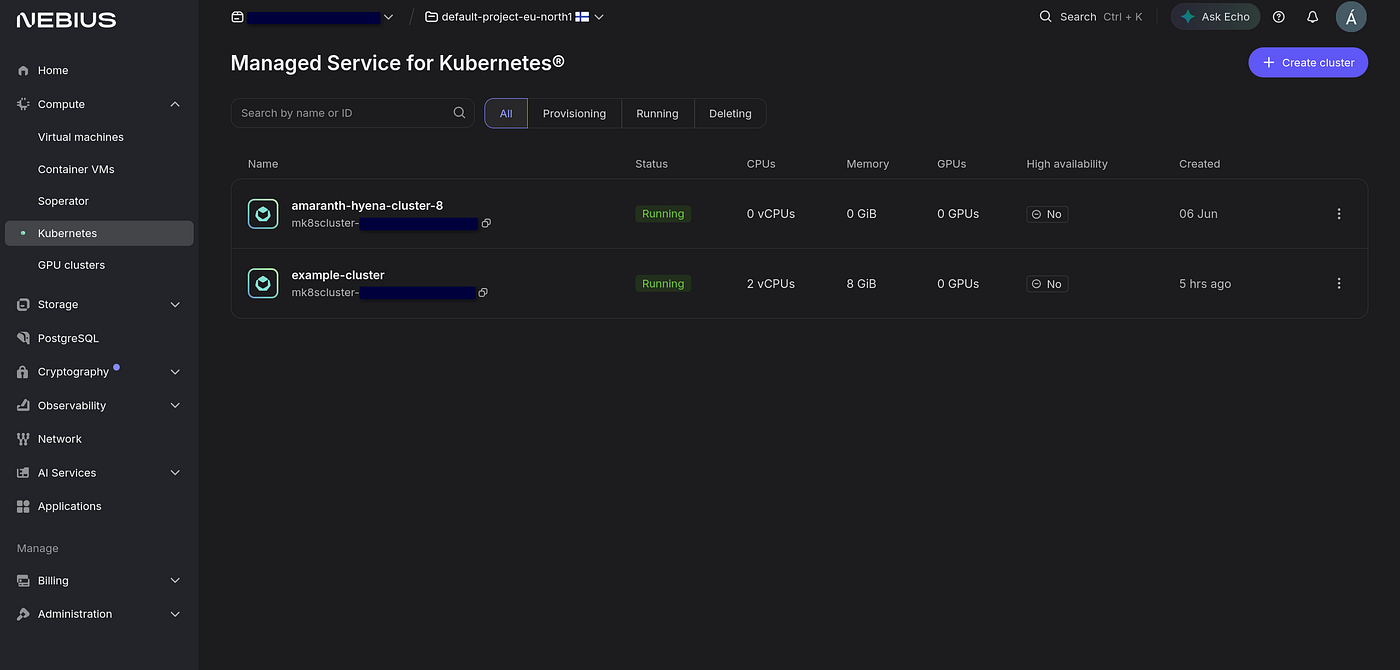 The interface of Managed Kubernetes in Nebius
