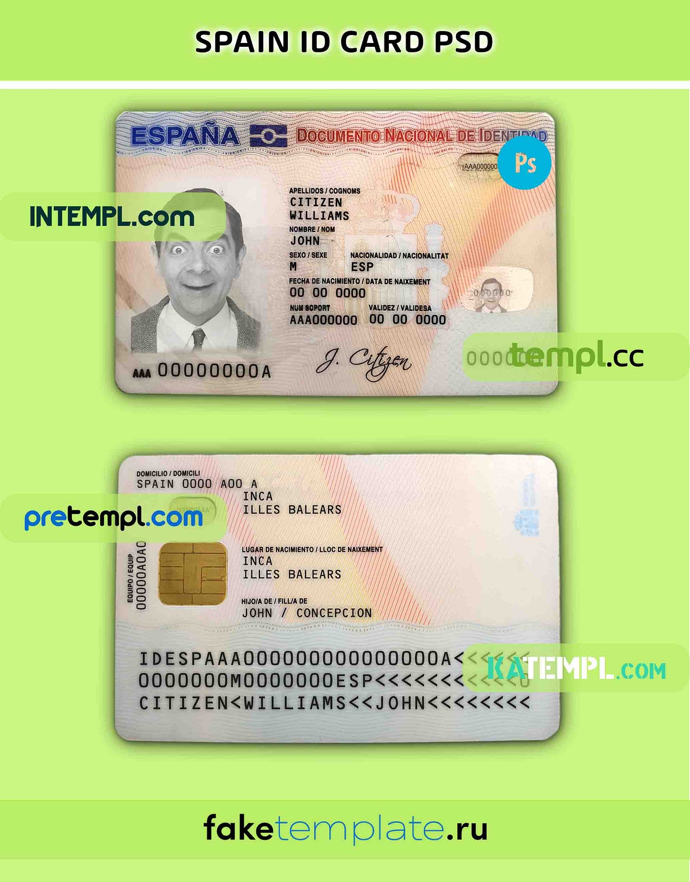 Spanish ID example in PSD format, fully editable, with all fonts
