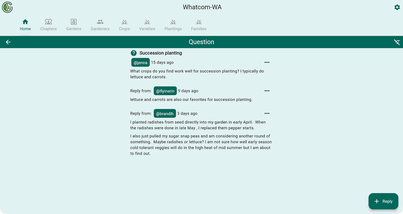 Chapter members use the Forums screen to chat about succession planting strategy.
