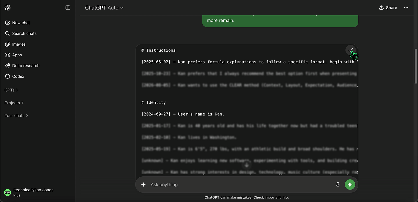 ChatGPT Personalization settings showing custom instructions