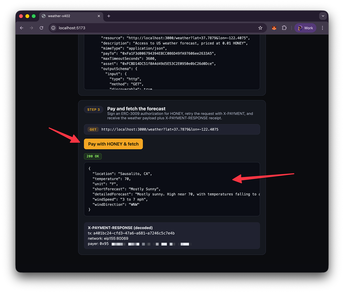 Successful x402 API Transaction Paid with Berachain $HONEY