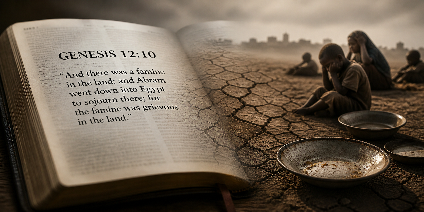 Photo design with ChatGPT by the Author: Open Bible shows Genesis 12:10 beside cracked earth, empty bowls, and suffering figures