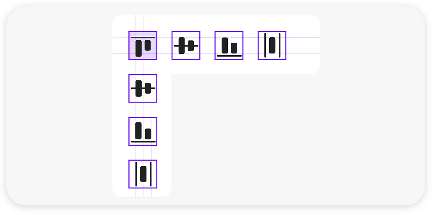 七个紫色轮廓的白色正方形，每个正方形内部都有不同的线条和线宽，形成一个直角，由横向四行（顶部和底部对齐）和向下四列（左右对齐）组成。