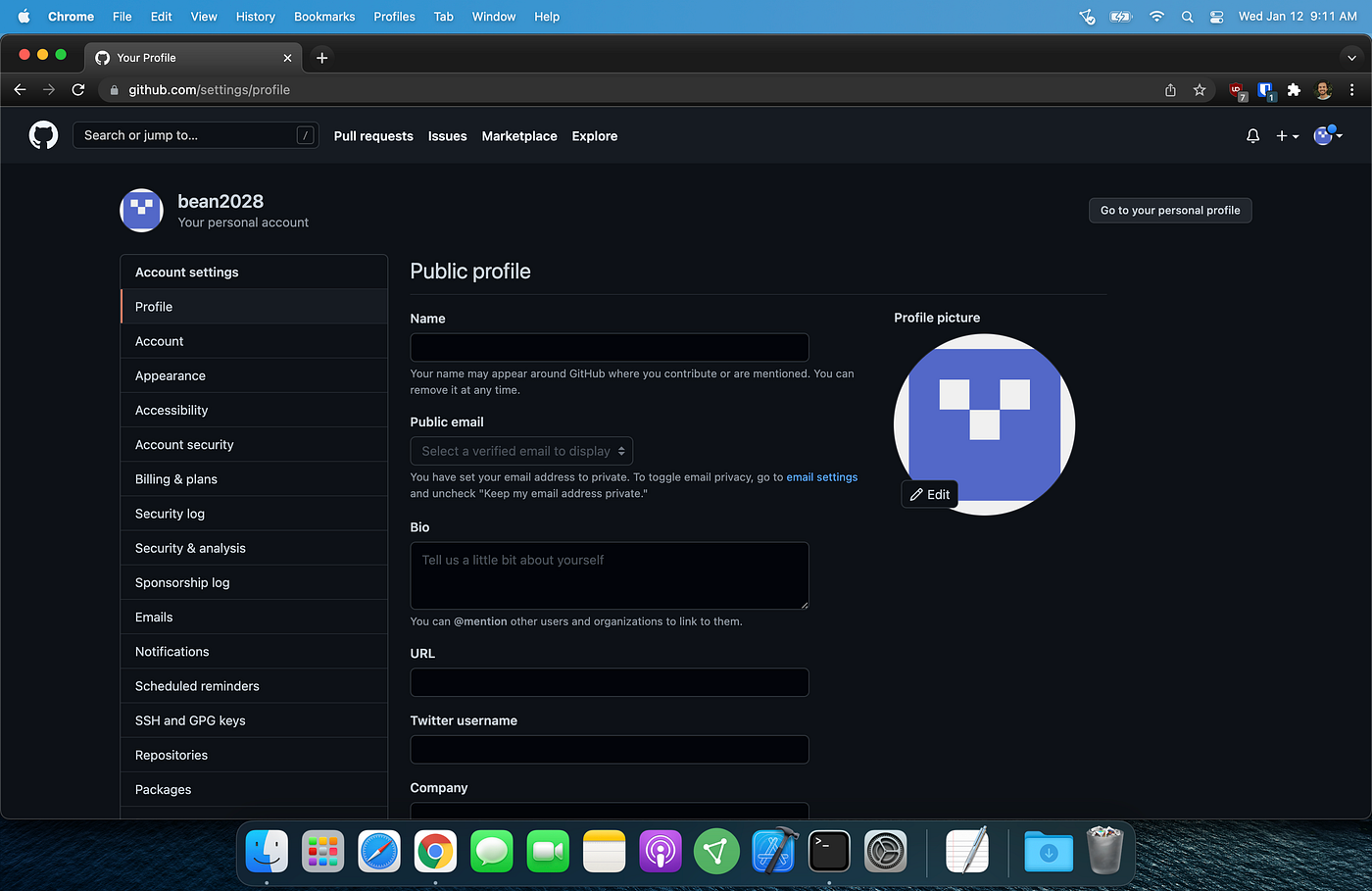 My GitHub profile settings