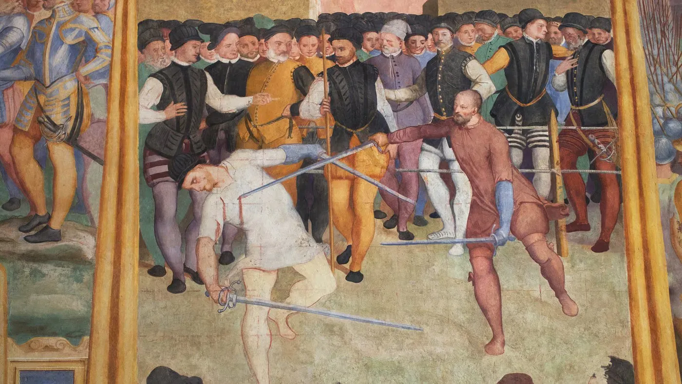 義大利傭兵將軍阿斯卡尼奧.德拉.科爾尼亞(Ascanio della Corgna)1546年的長短雙劍決鬥事件壁畫,現存於佛羅倫斯宮殿