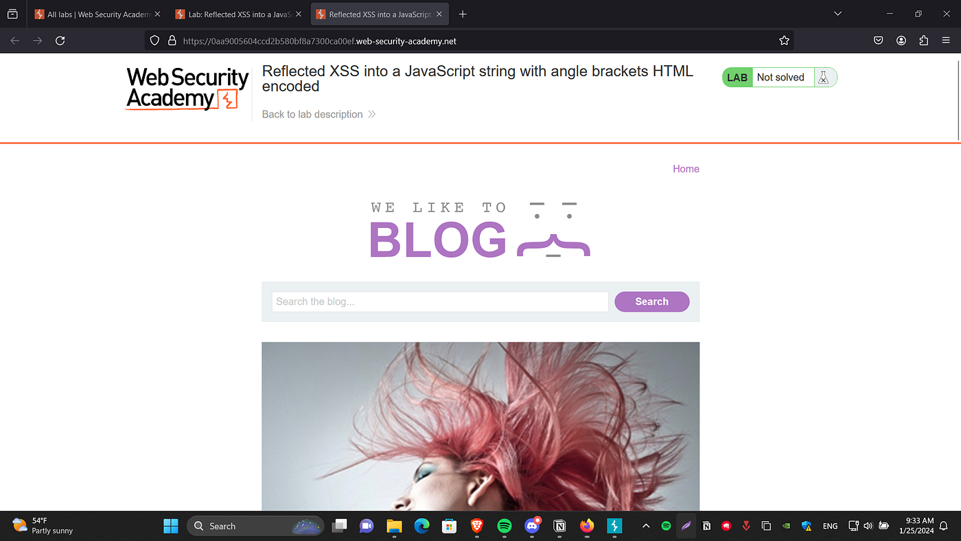 Lab: Reflected XSS into a JavaScript string with angle brackets HTML encoded