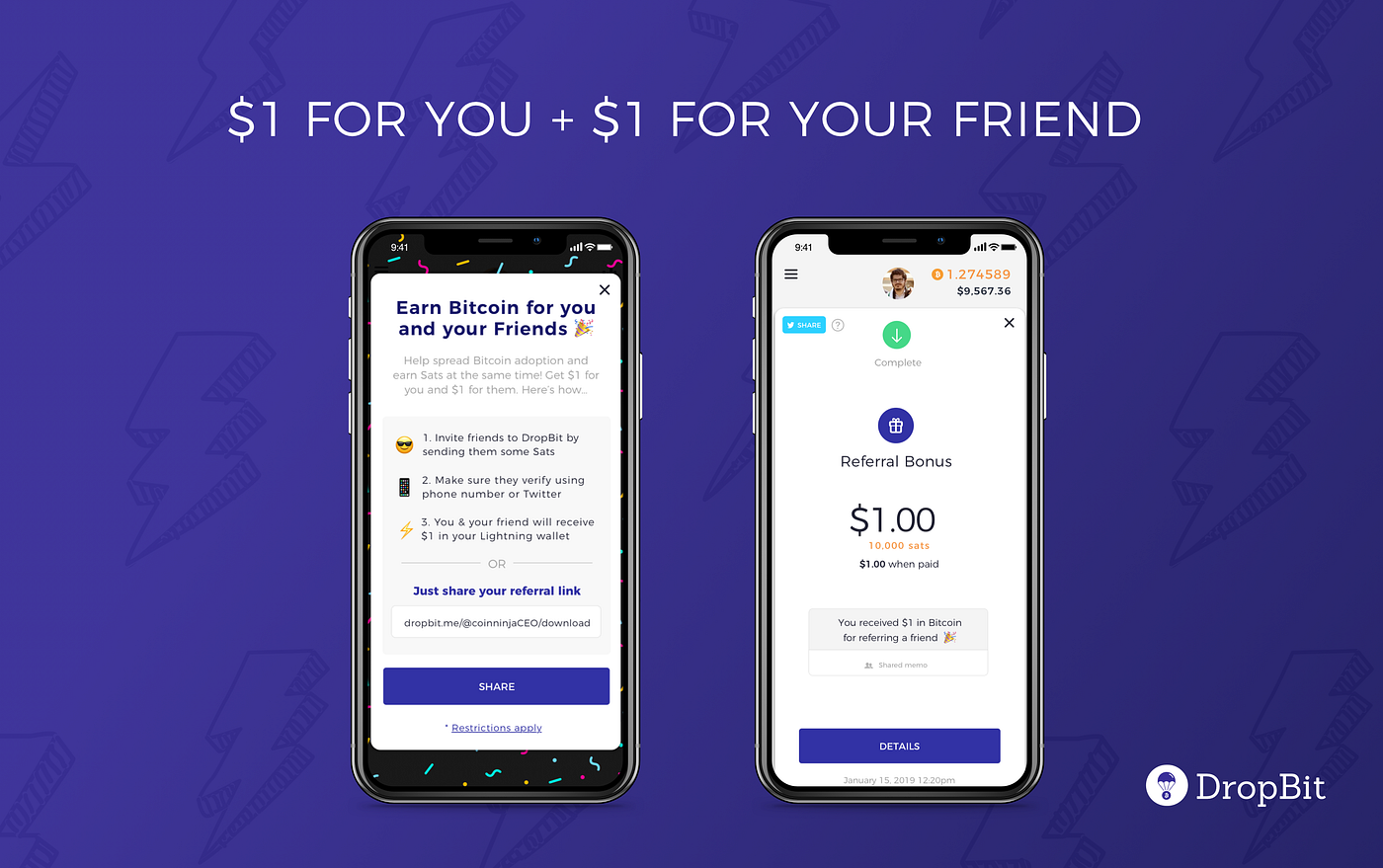DropBit Introduces Bitcoin Referral Program | by Coin Ninja ⚡ | Coin Ninja  | Medium