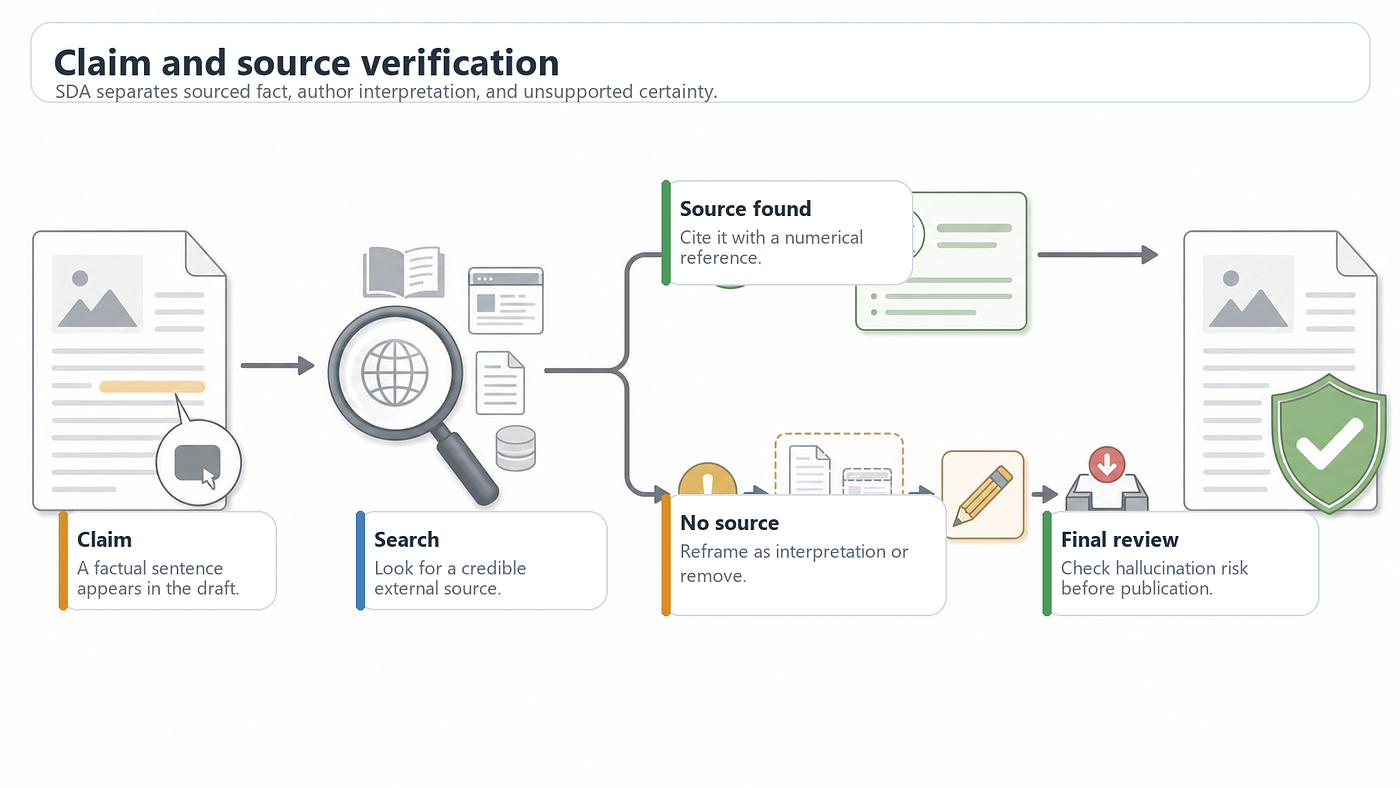 Figure 11. SDA separates sourced fact, author interpretation, and unsupported claims before publication. Source: author-created AI-assisted illustration.
