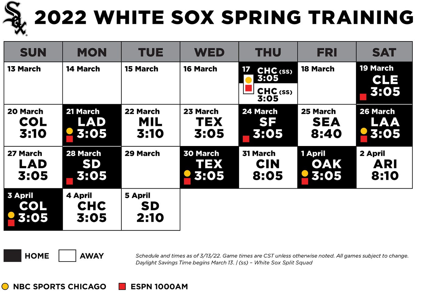 White Sox Announce Revised 2022 Spring Training Schedule, by Chicago White  Sox