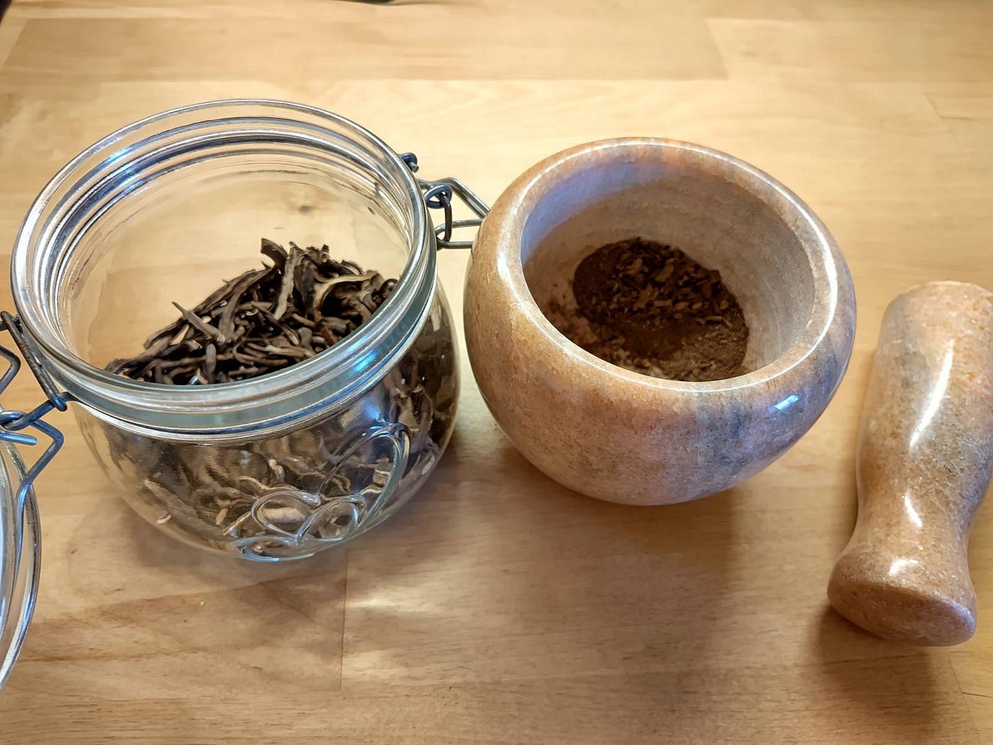 Preparing the roasted dandelion roots for brewing.