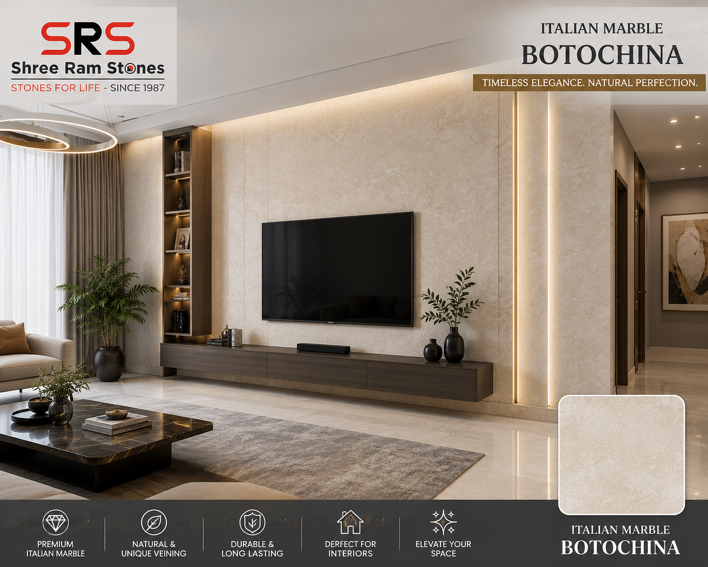 Transform your interiors with the timeless beauty of Botochina Italian Marble from Shree Ram Stones.