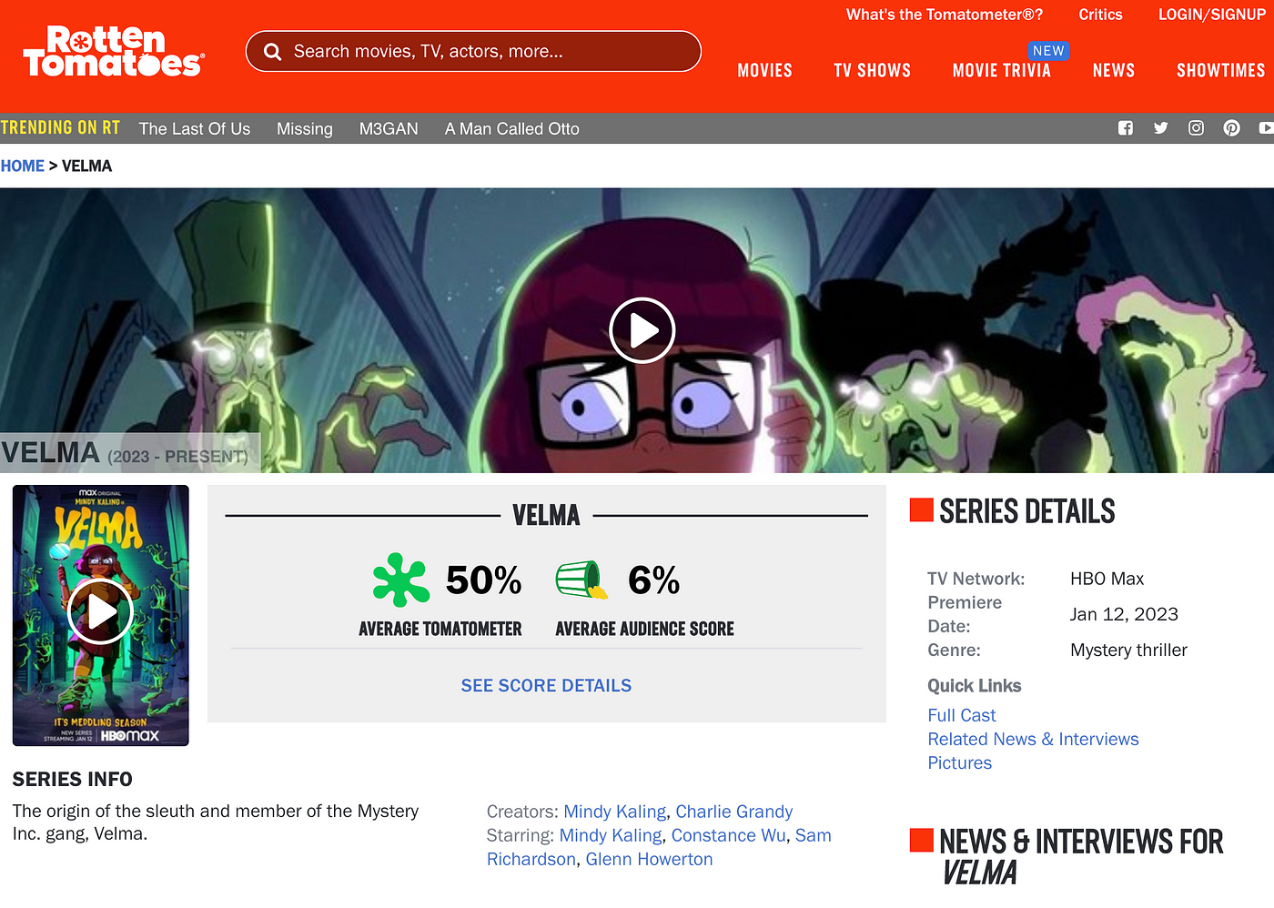 Velma on HBO Max is officially awful — Rotten Tomatoes audience score is 6%