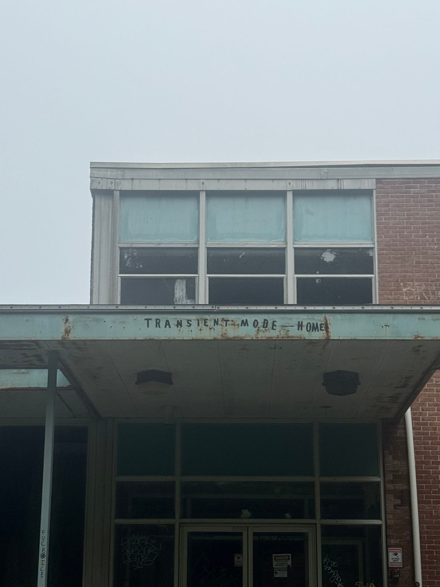 The stoop of the old student union building on Antioch College’s campus. “Transient Mode Home,” a phrase from a former student’s art project, has become a popular phrase to describe the Antioch College experience.