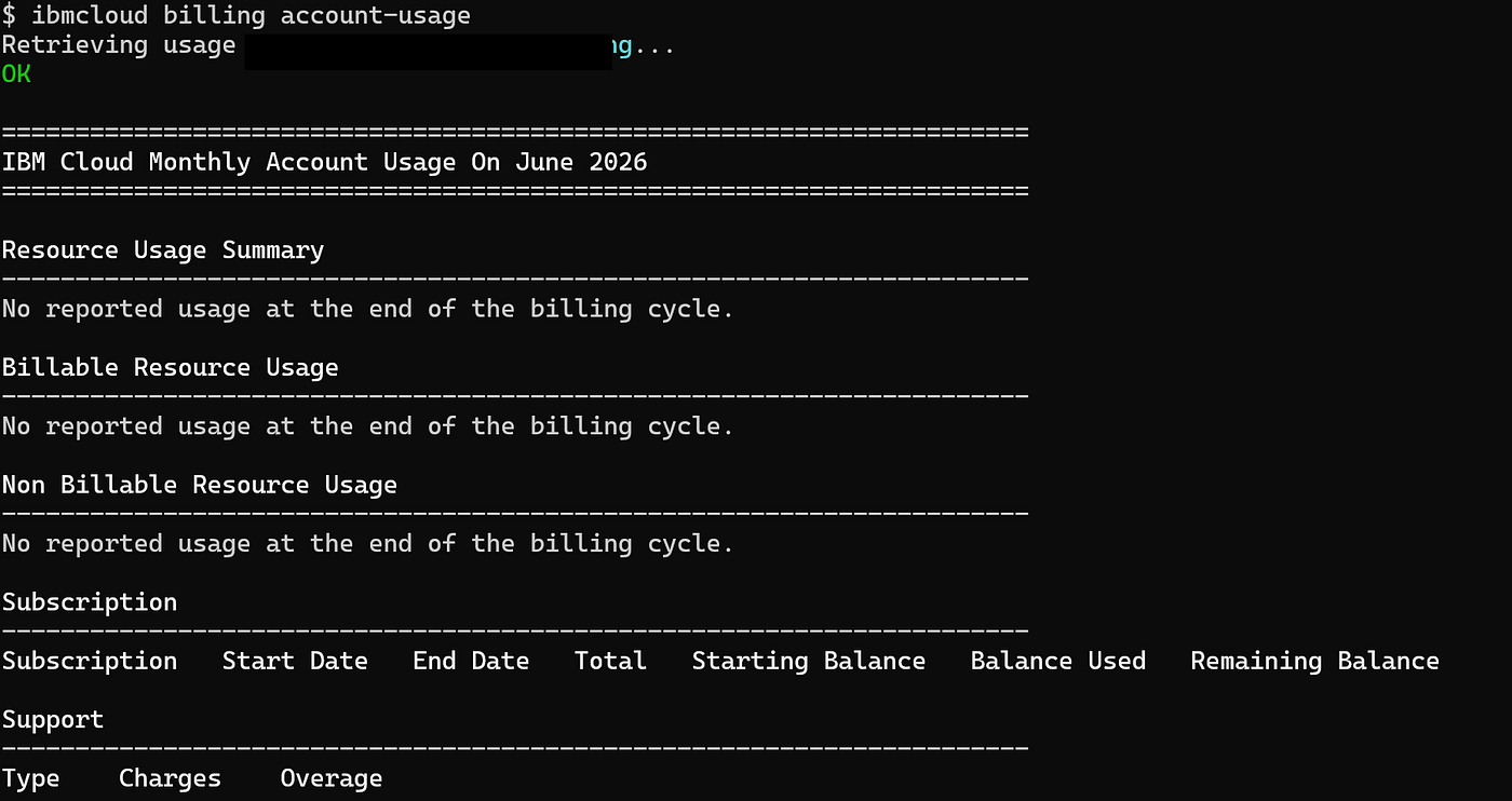 ibmcloud billing account-usage — monthly usage summary with subscription and support breakdown
