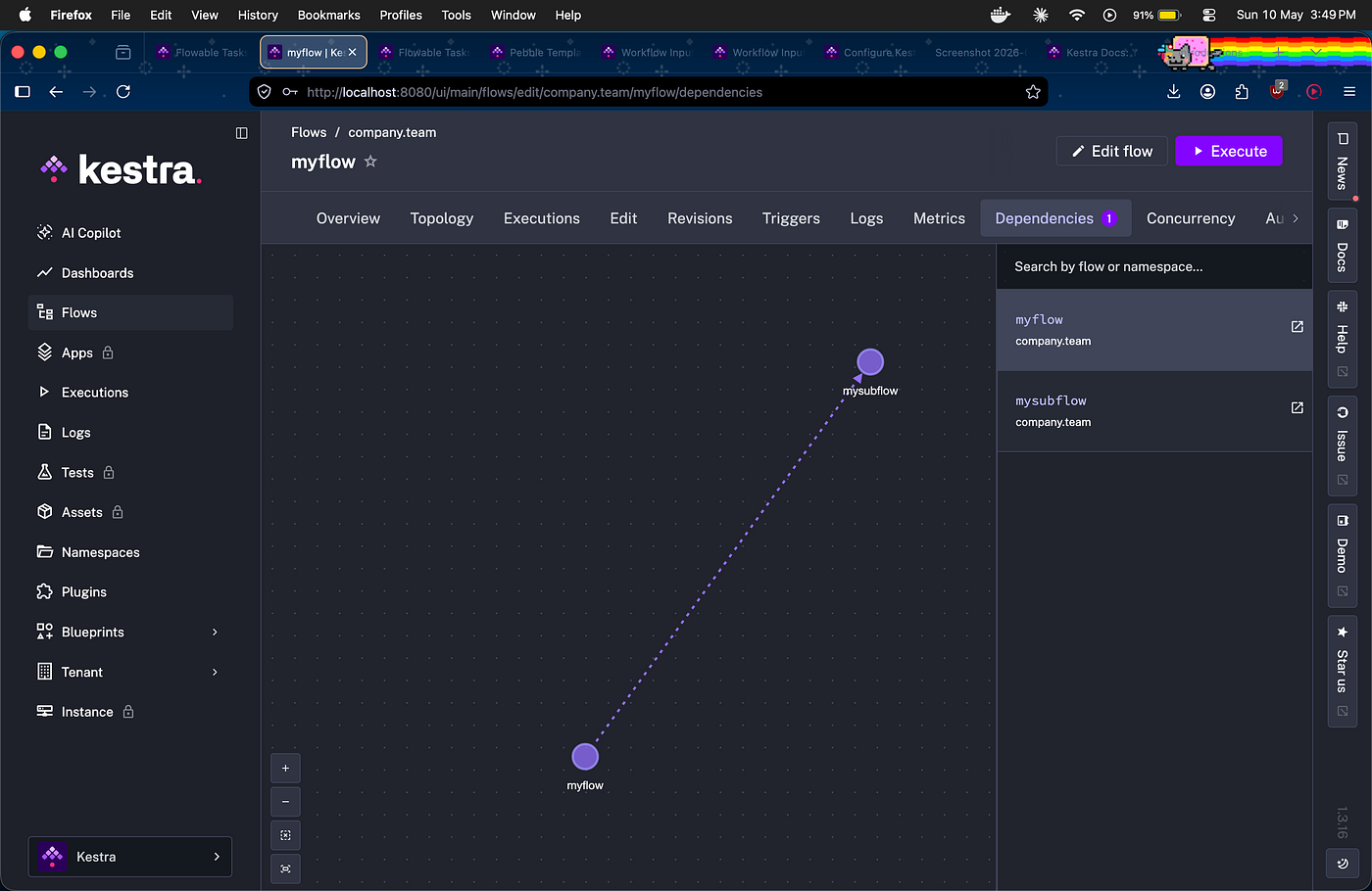 Dependencies graph showing myflow → mysubflow