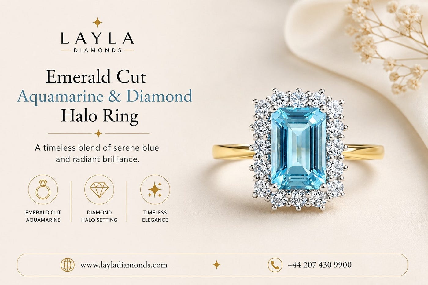 Beauty of Emerald Cut Aquamarine & Diamond Halo Ring | Layla Diamonds