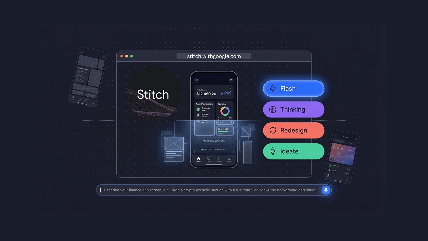 Google Stitch Tutorial 2026 — generating a finance app dashboard prototype from a text prompt