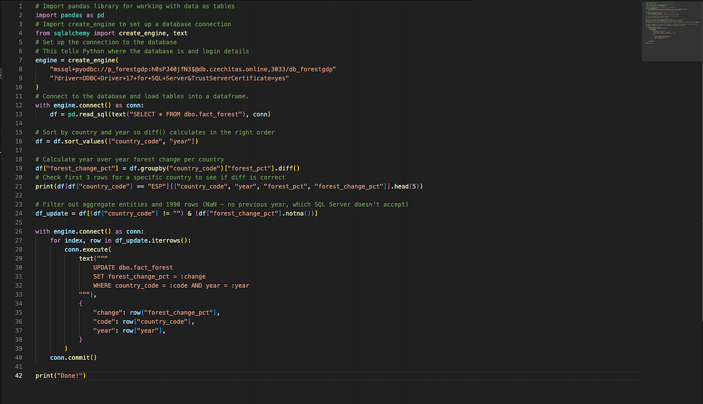 Python skript pro výpočet meziroční změny lesního pokryvu pro každou zemi a následné uložení výsledků zpět do databáze.