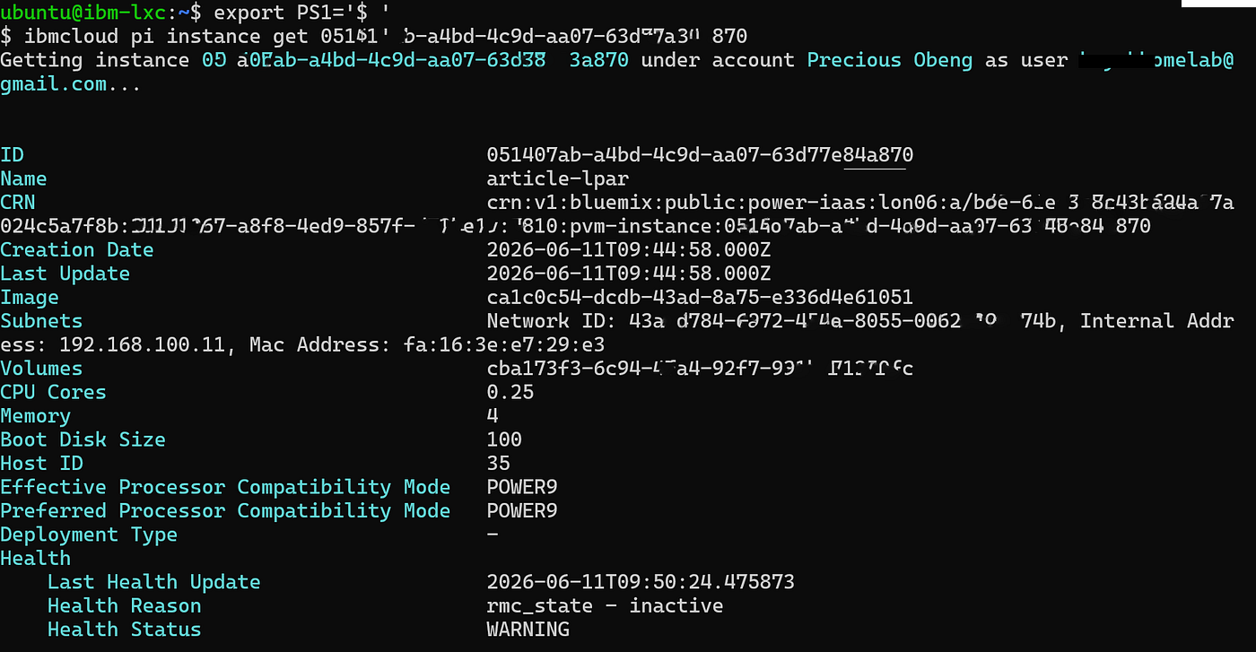 pi instance create — BUILDING on an IBM S922 Power9 server, tier3 flash storage