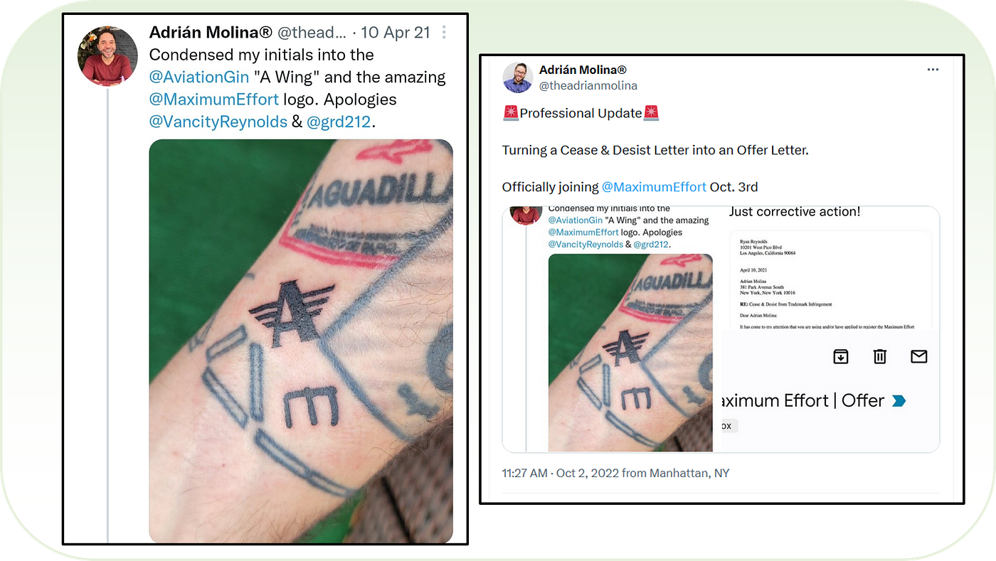 Molina gets a tattoo of the Maximum Effort logo, which later prompts a fake cease and desist letter from Reynolds and Dewey when Molina is officially hired by the company