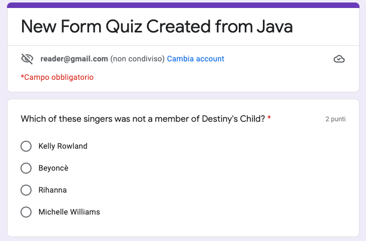Google Form Java Client API — Creating a Form and Reading Responses | by  Gaetano Piazzolla | Medium