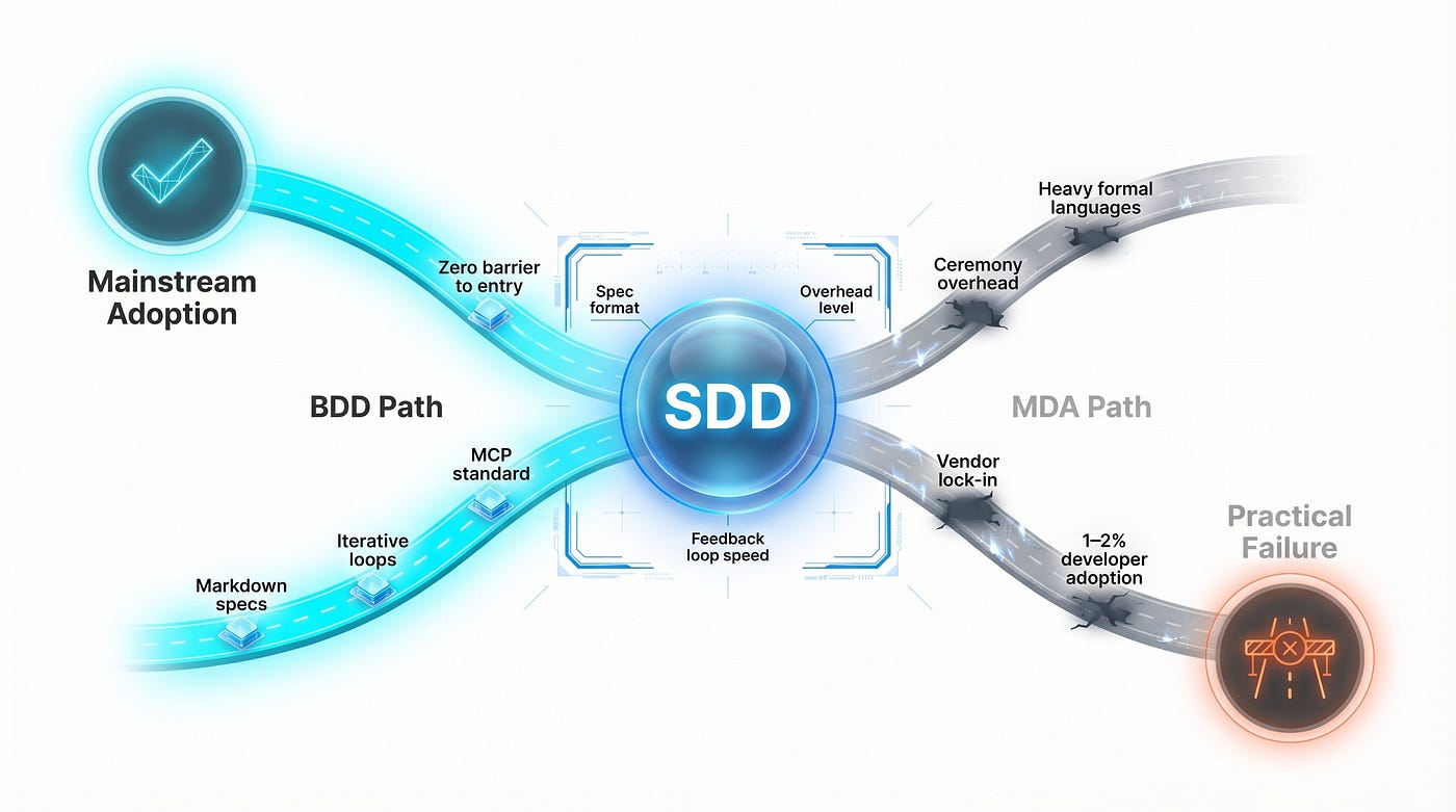 SDD’s fate depends on which path it takes: lightweight and iterative like BDD (successful since 2006) or heavy and ceremonial like MDA (failed after 2008). Key factors: specification format, overhead, and feedback loop speed.