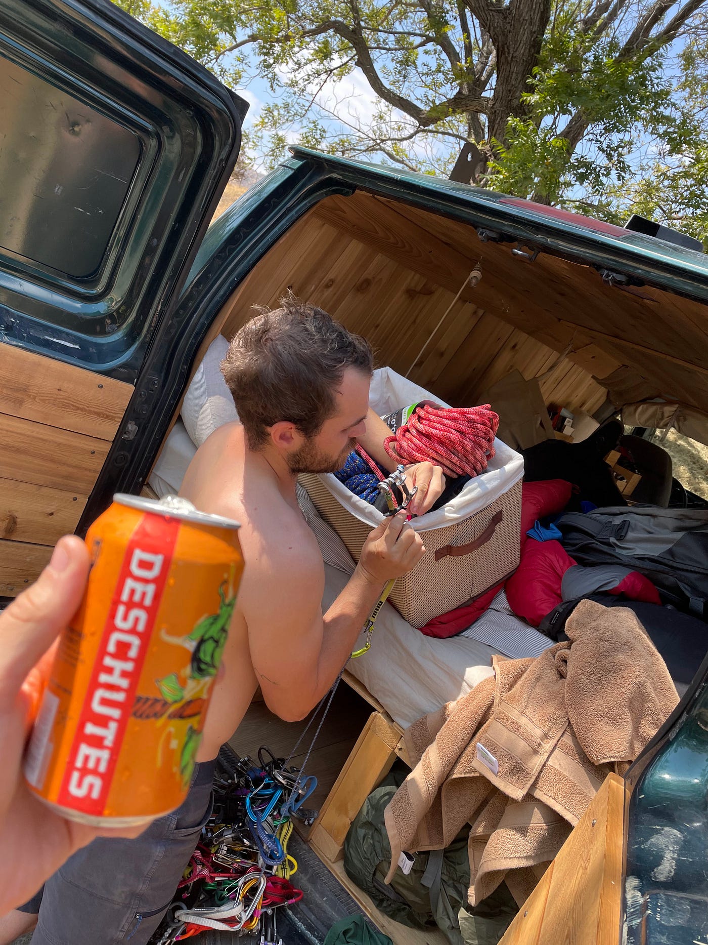 Left: Van parked by the stream. Middle: Russel with a quick bitta shoulder stuff. Right: Beer time.