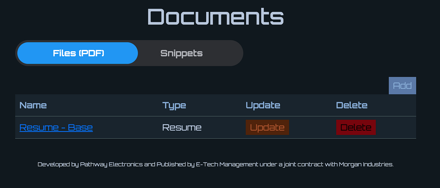 Figure 3. The default state showing the toggle pill with “Files (PDF)” selected and the Documents Container displayed
