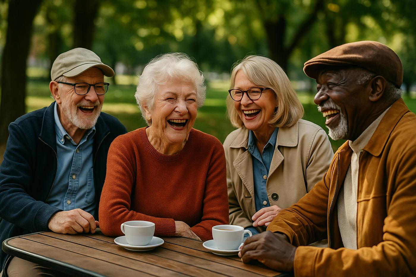 야외 카페에서 함께 웃는 노인 친구들의 모습은 뇌 건강과 장수를 위한 사회적 연결의 힘을 상징합니다.<BR>