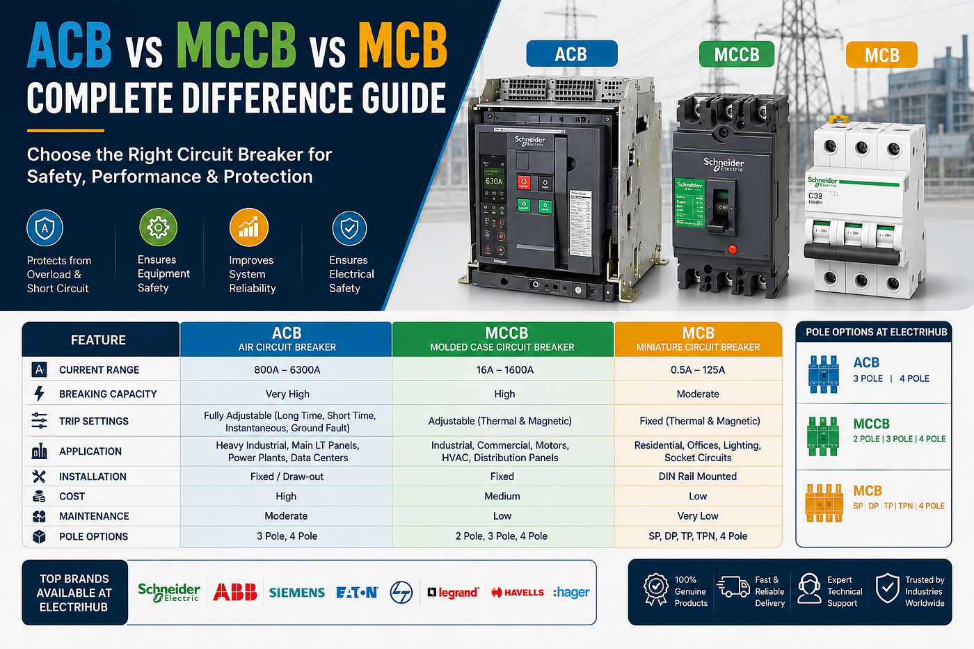 ACB vs MCCB vs MCB — Complete Guide to Electrical Circuit Breakers Explained ⚡