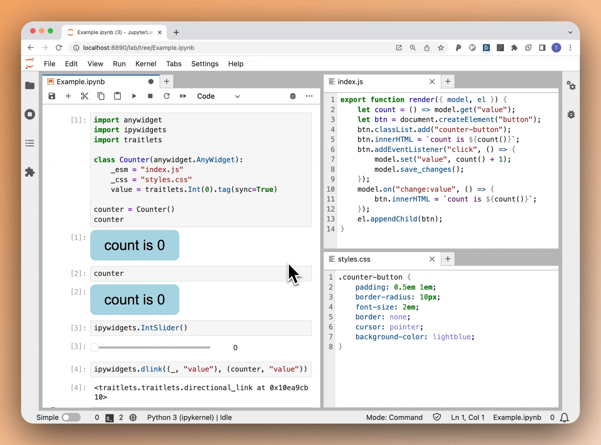 Real-time widget development entirely from within JupyterLab