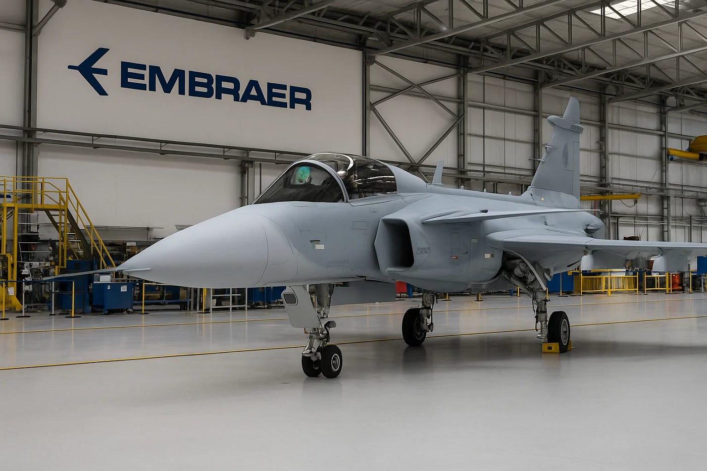 The first Gripen fighter assembled at Embraer’s São Paulo plant awaits delivery to the Brazilian Air Force.