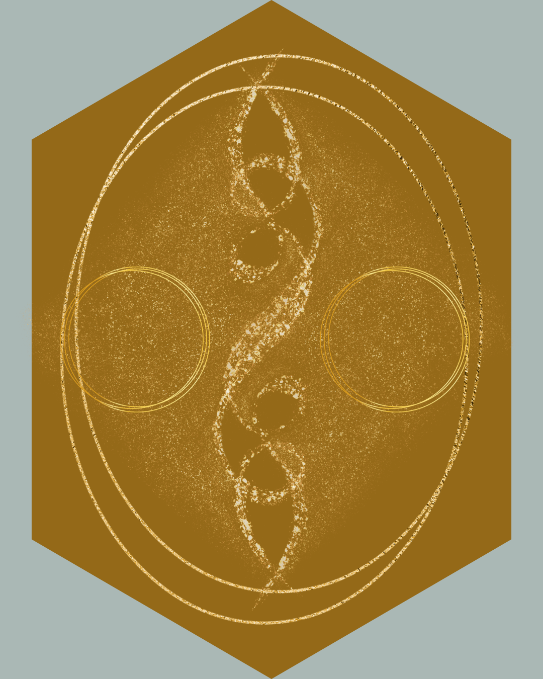 Hexagon shape with two small circles adjacent to each other in centre connected by another line which forms a circle between them. A golden spiral is flowing through the centre. Image created on Canva.