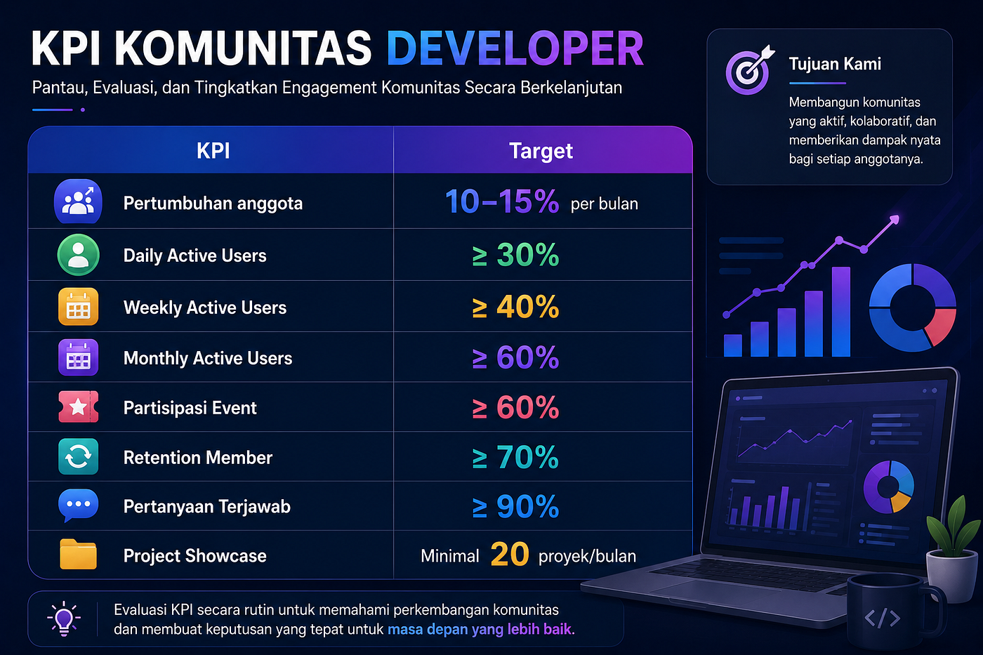 Gambar 1. Key Performance Indicators (KPI) membantu pengelola komunitas memantau perkembangan anggota, mengukur efektivitas strategi engagement, serta mengevaluasi keberhasilan program community building secara berkelanjutan.