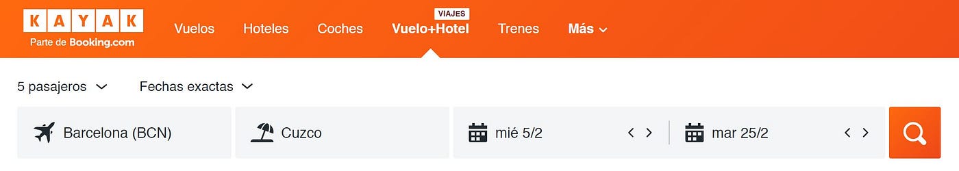 Barra de búsqueda de Kayak, incluye Origen, Destino, Fecha de ida y Fecha de regreso