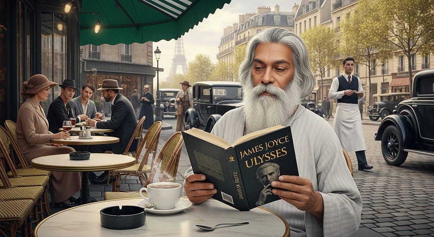 Osho Reading James Joyce at an outdoor cafe in Paris, c. 1926, waiting for George Gurdjieff to show up. Artwork by the Author using ImageFX.