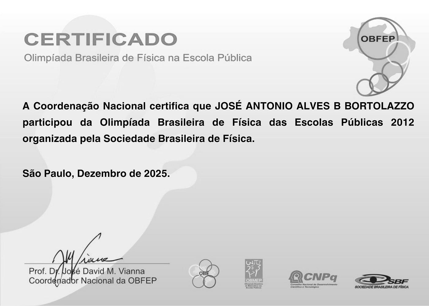 Certificado — Olimpíada Brasileira de Física das Escolas Públicas (OBFEP) — Finalista 2012