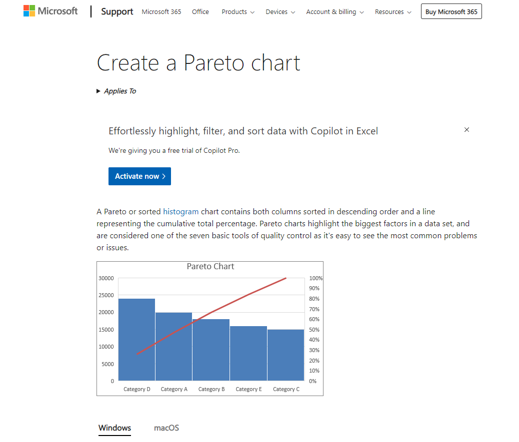 Pareto diyagramı oluşturma, Microsoft.