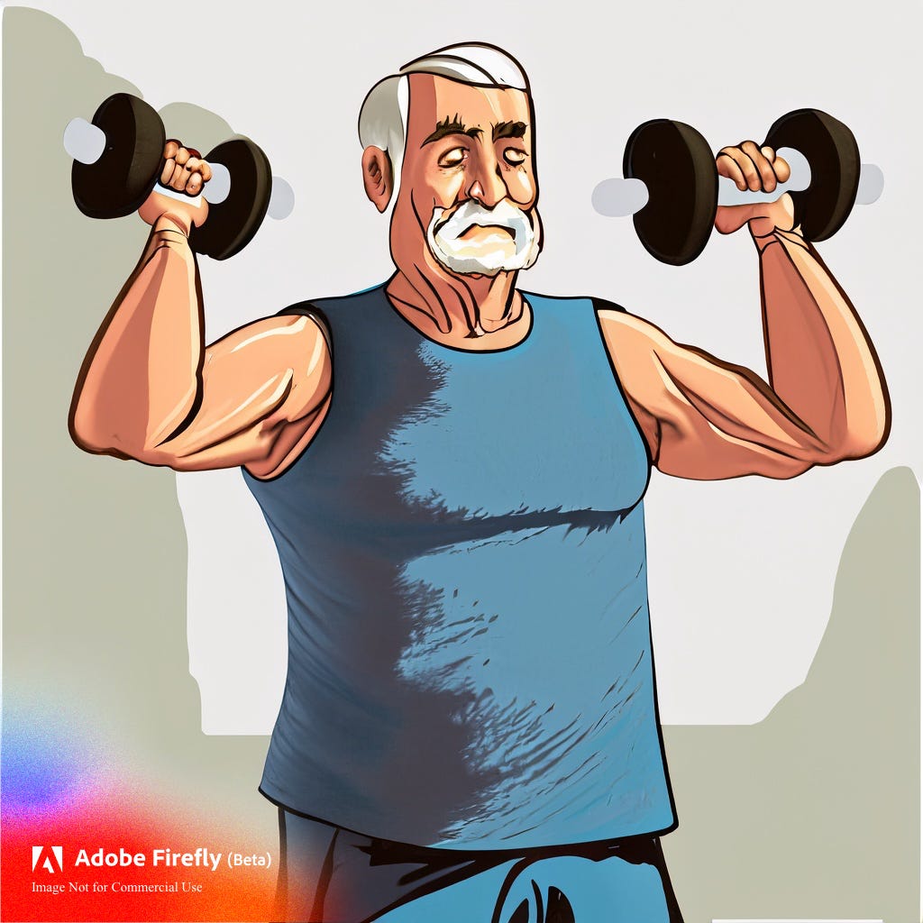 Adobe Firefly image by author “Older man exercising with dumbbells”