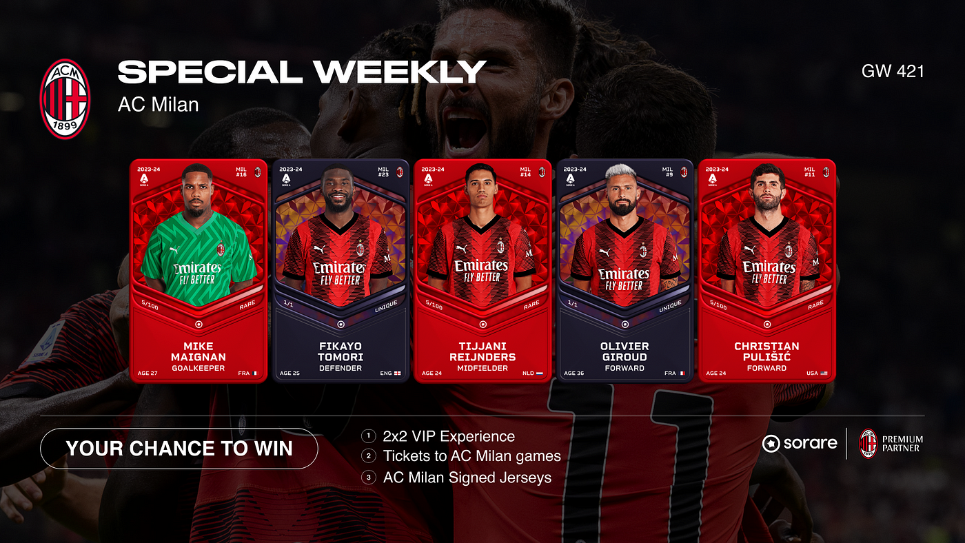 AC Milan Special Weekly: Win Team Warm-Up Experience, VIP Tickets, Signed  Jerseys | by Sorare | Sorare | Oct, 2023 | Medium